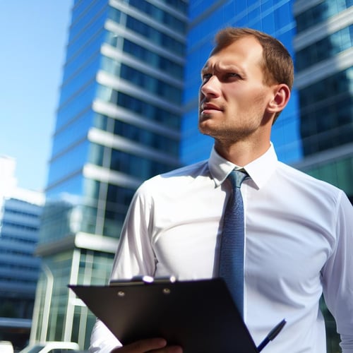 man in shirt and tie with clipboard outside an office