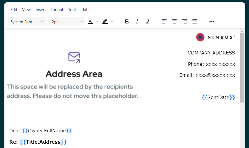 Nimbus DTV Letter Sending template address area